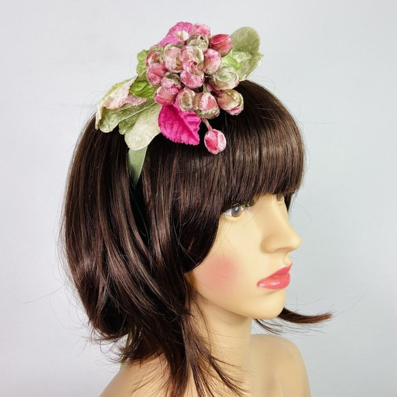 Vtg Louise Green Velvet Leafy Floral Headpiece w/ Ribbon Buds Whimsy Pink Green main image 6